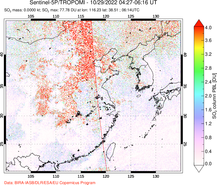 A sulfur dioxide image over Eastern China on Oct 29, 2022.