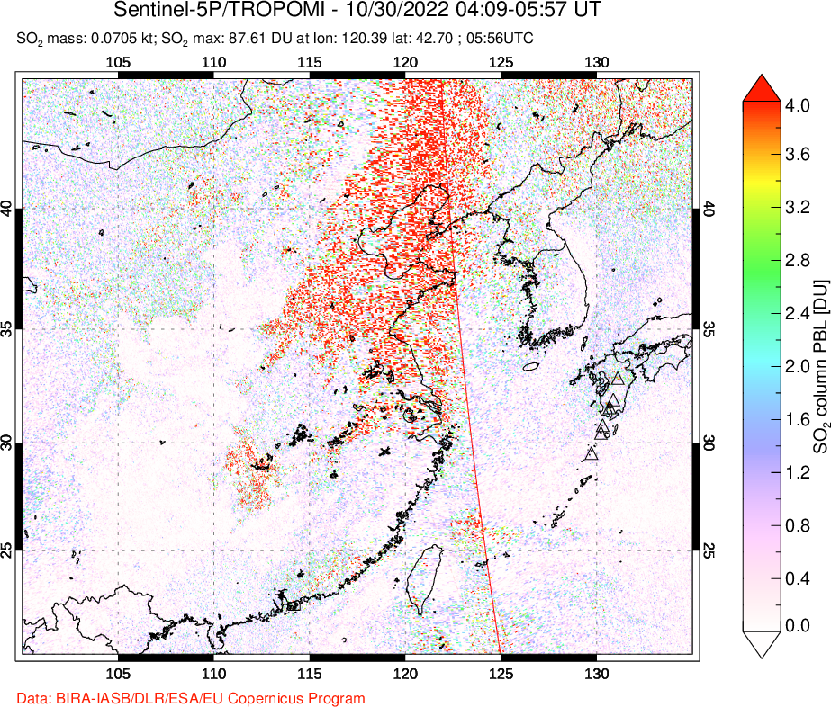 A sulfur dioxide image over Eastern China on Oct 30, 2022.