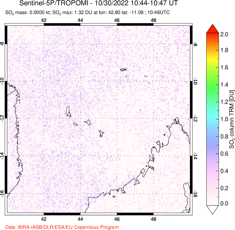 A sulfur dioxide image over Comoro Islands on Oct 30, 2022.