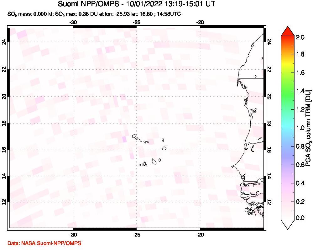 A sulfur dioxide image over Cape Verde Islands on Oct 01, 2022.