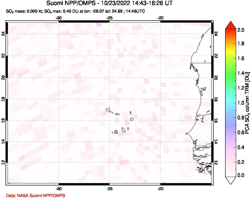 A sulfur dioxide image over Cape Verde Islands on Oct 23, 2022.