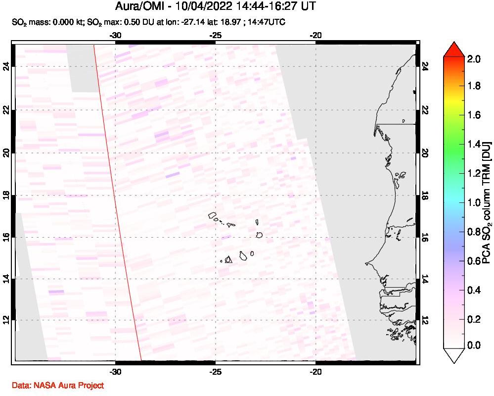 A sulfur dioxide image over Cape Verde Islands on Oct 04, 2022.