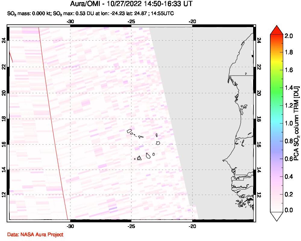 A sulfur dioxide image over Cape Verde Islands on Oct 27, 2022.