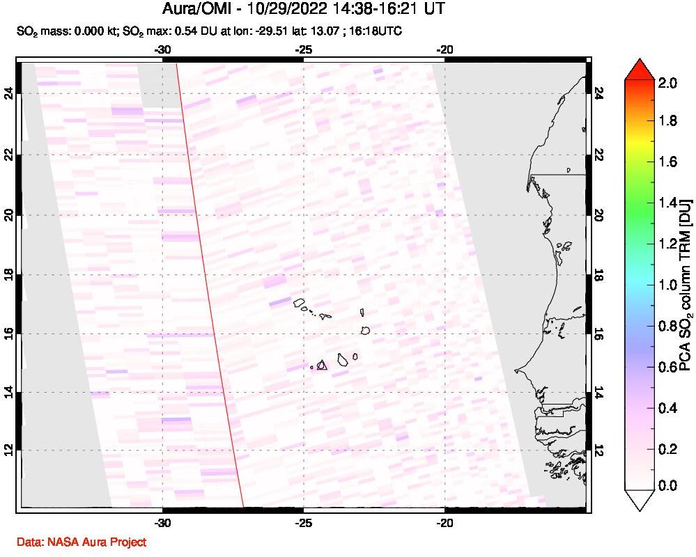 A sulfur dioxide image over Cape Verde Islands on Oct 29, 2022.