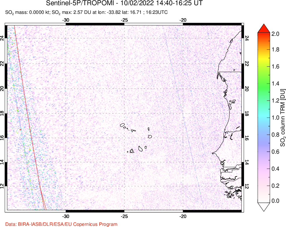 A sulfur dioxide image over Cape Verde Islands on Oct 02, 2022.