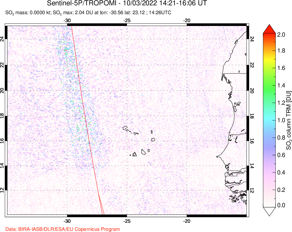 A sulfur dioxide image over Cape Verde Islands on Oct 03, 2022.