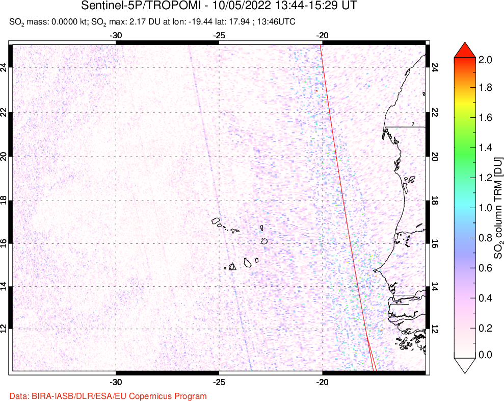 A sulfur dioxide image over Cape Verde Islands on Oct 05, 2022.