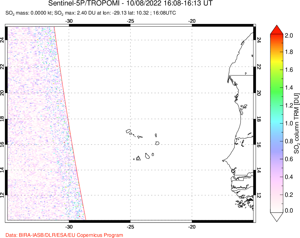 A sulfur dioxide image over Cape Verde Islands on Oct 08, 2022.
