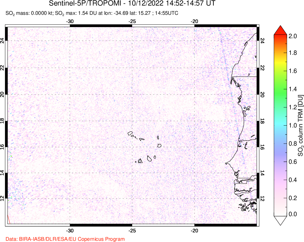 A sulfur dioxide image over Cape Verde Islands on Oct 12, 2022.