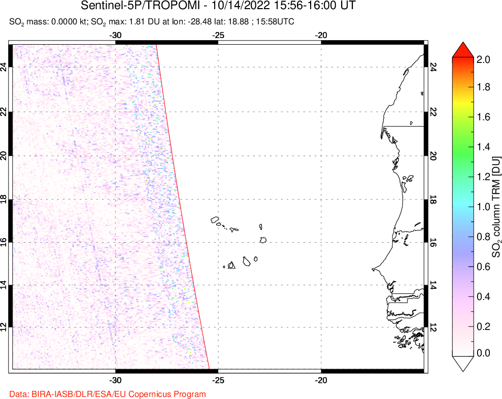 A sulfur dioxide image over Cape Verde Islands on Oct 14, 2022.