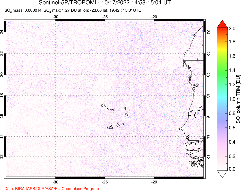 A sulfur dioxide image over Cape Verde Islands on Oct 17, 2022.