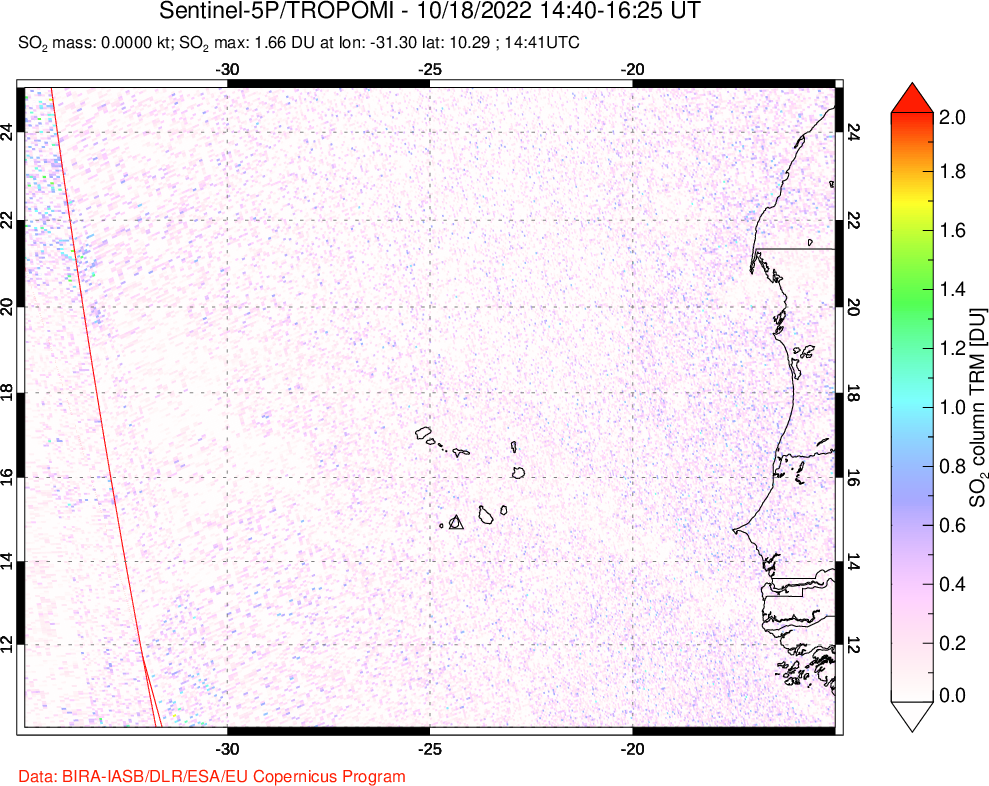 A sulfur dioxide image over Cape Verde Islands on Oct 18, 2022.