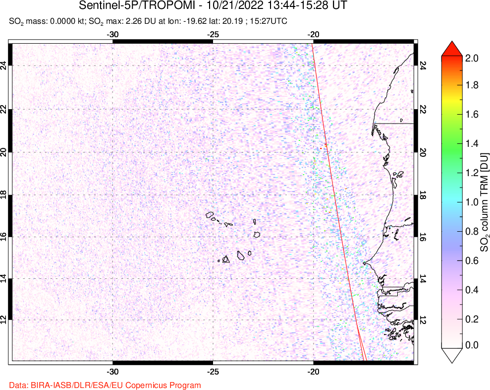 A sulfur dioxide image over Cape Verde Islands on Oct 21, 2022.