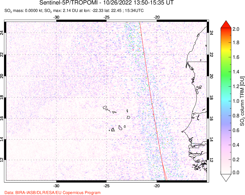 A sulfur dioxide image over Cape Verde Islands on Oct 26, 2022.