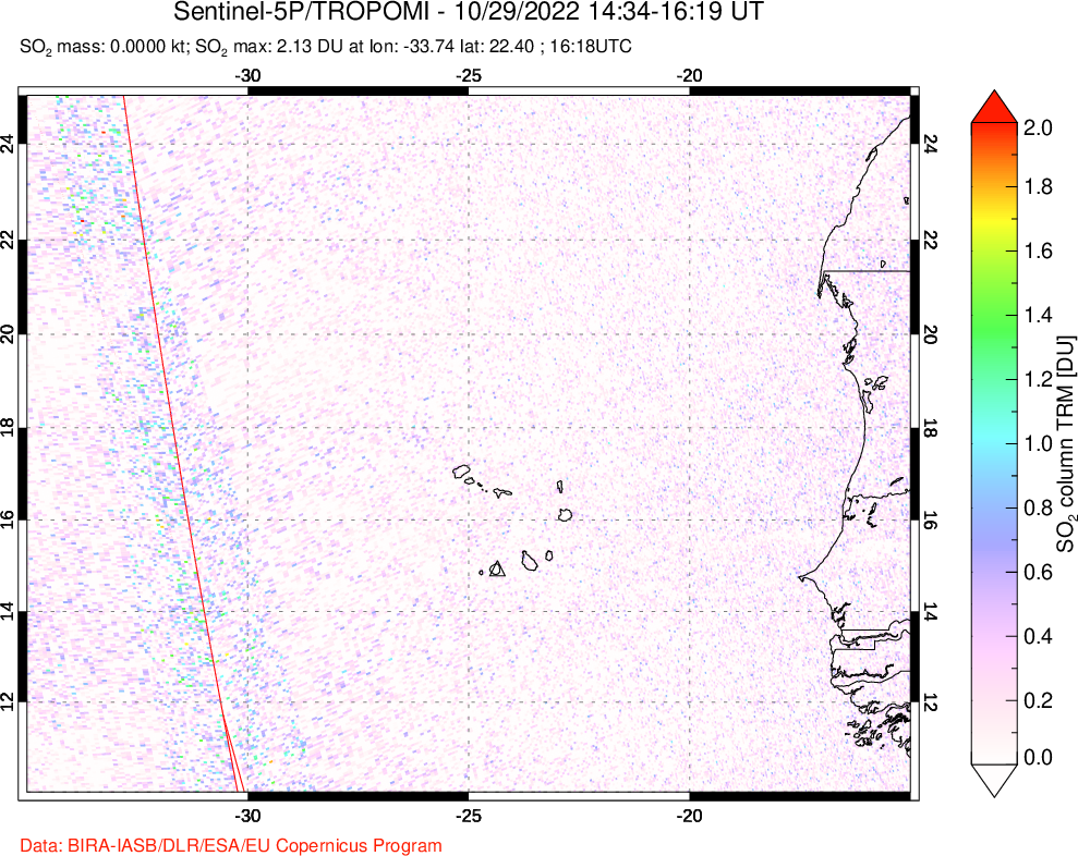 A sulfur dioxide image over Cape Verde Islands on Oct 29, 2022.