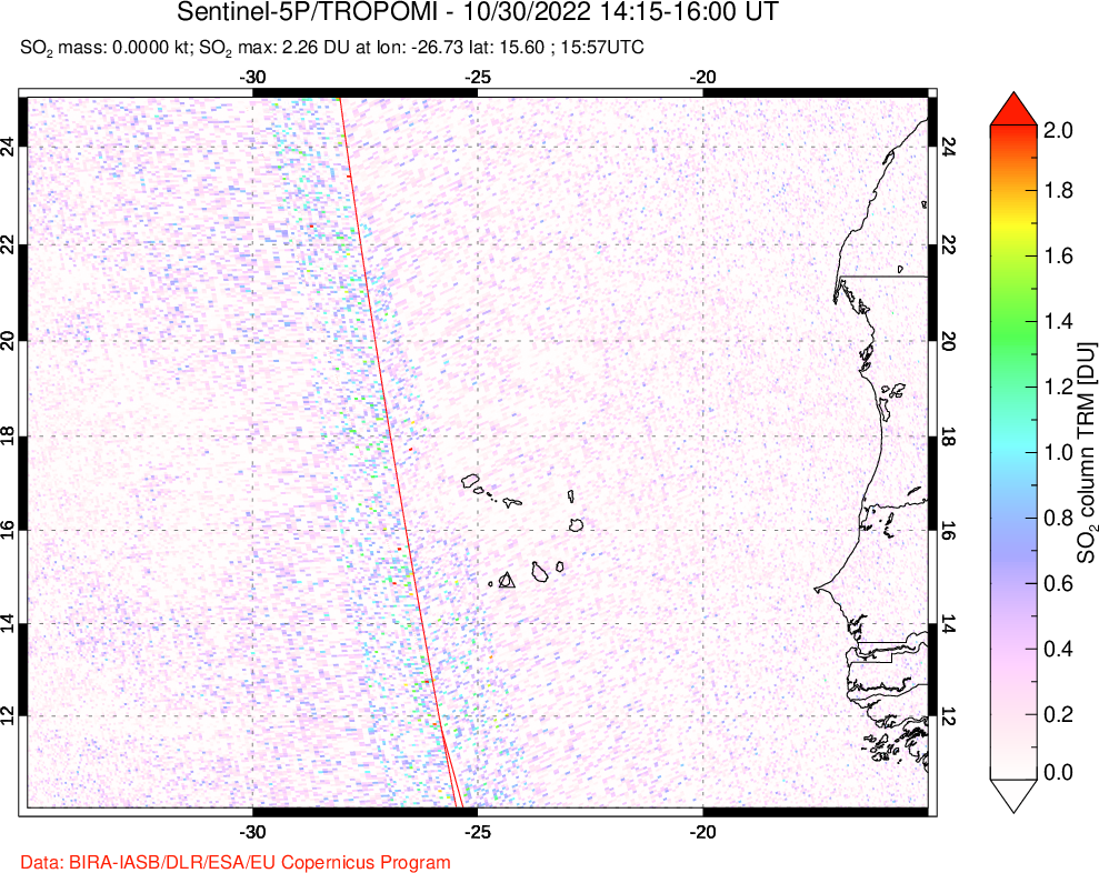 A sulfur dioxide image over Cape Verde Islands on Oct 30, 2022.