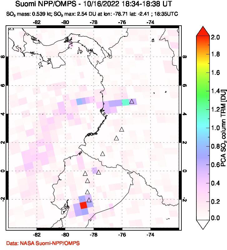 A sulfur dioxide image over Ecuador on Oct 16, 2022.