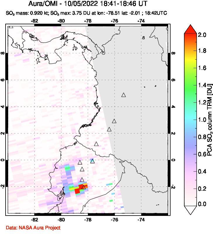A sulfur dioxide image over Ecuador on Oct 05, 2022.