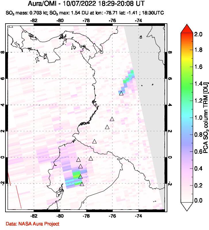 A sulfur dioxide image over Ecuador on Oct 07, 2022.
