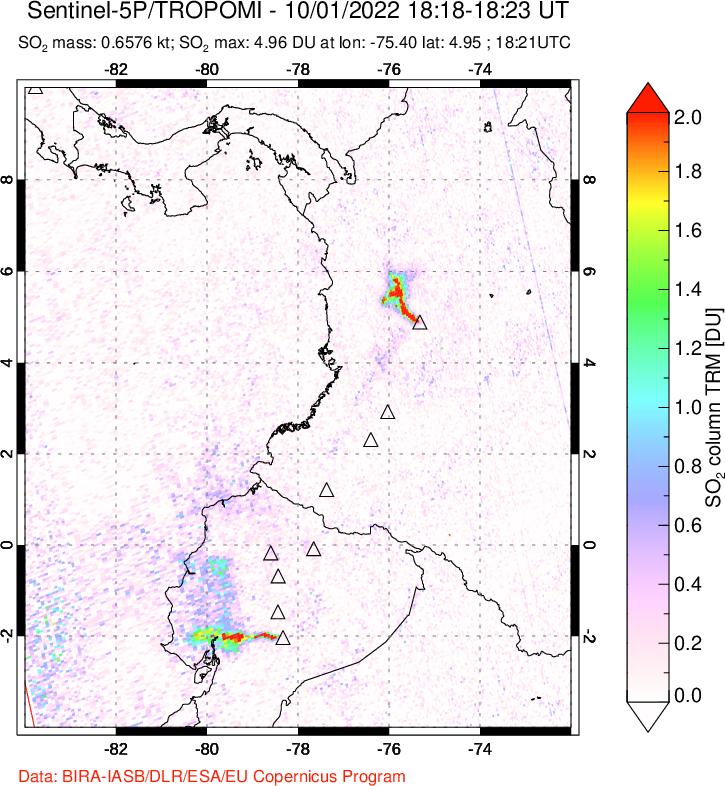 A sulfur dioxide image over Ecuador on Oct 01, 2022.