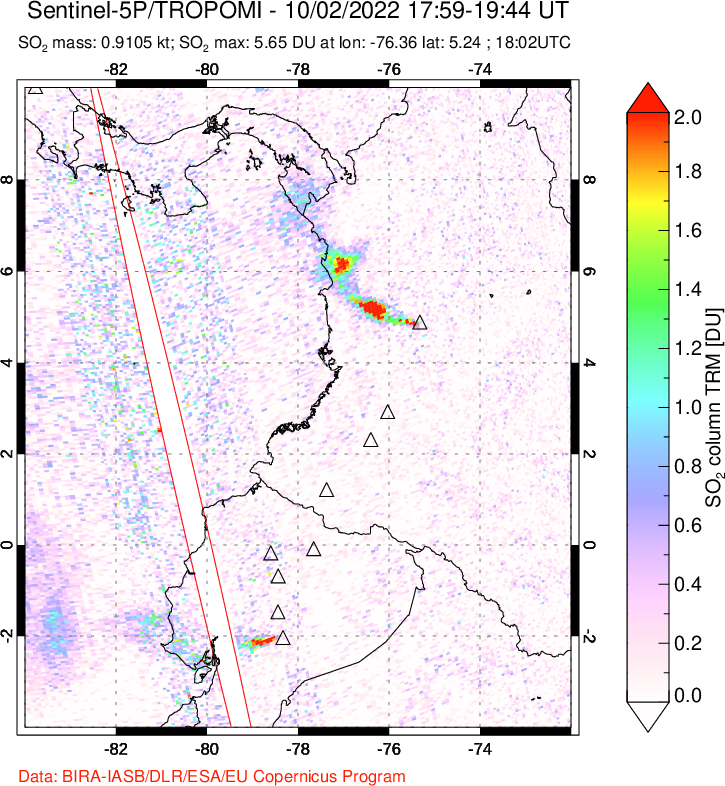 A sulfur dioxide image over Ecuador on Oct 02, 2022.