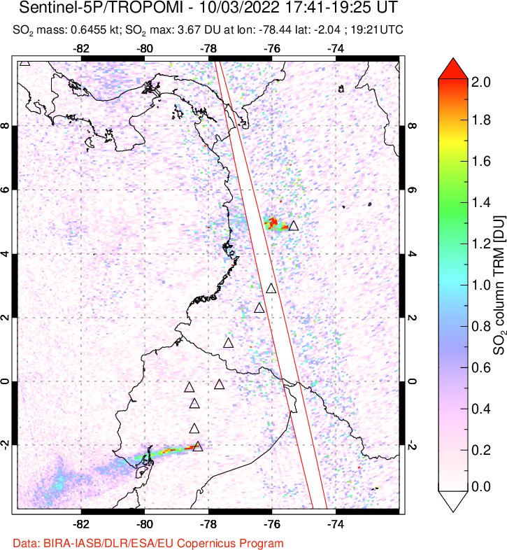 A sulfur dioxide image over Ecuador on Oct 03, 2022.