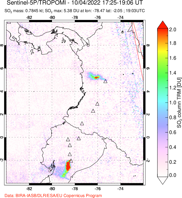 A sulfur dioxide image over Ecuador on Oct 04, 2022.