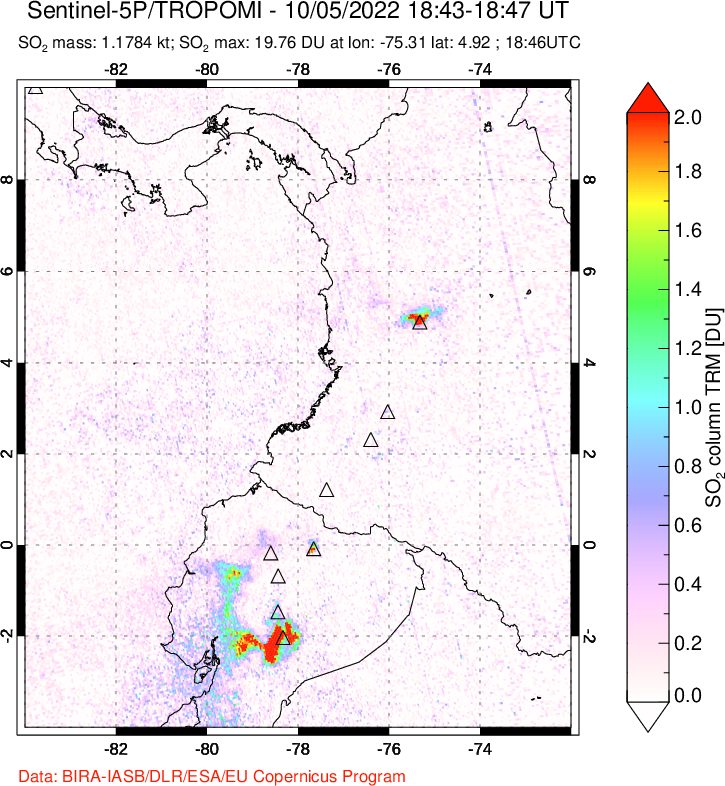 A sulfur dioxide image over Ecuador on Oct 05, 2022.