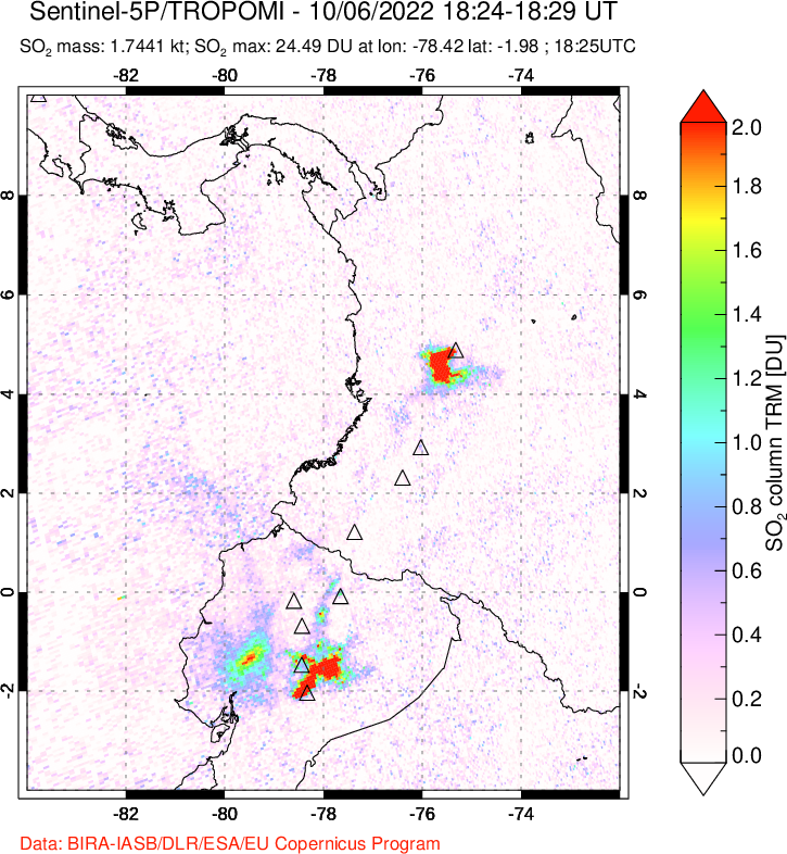 A sulfur dioxide image over Ecuador on Oct 06, 2022.
