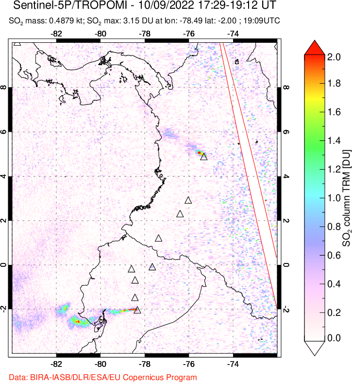 A sulfur dioxide image over Ecuador on Oct 09, 2022.