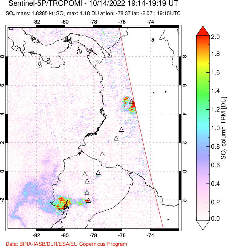 A sulfur dioxide image over Ecuador on Oct 14, 2022.