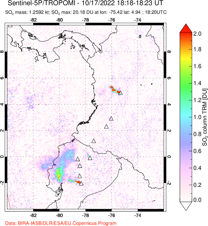 A sulfur dioxide image over Ecuador on Oct 17, 2022.