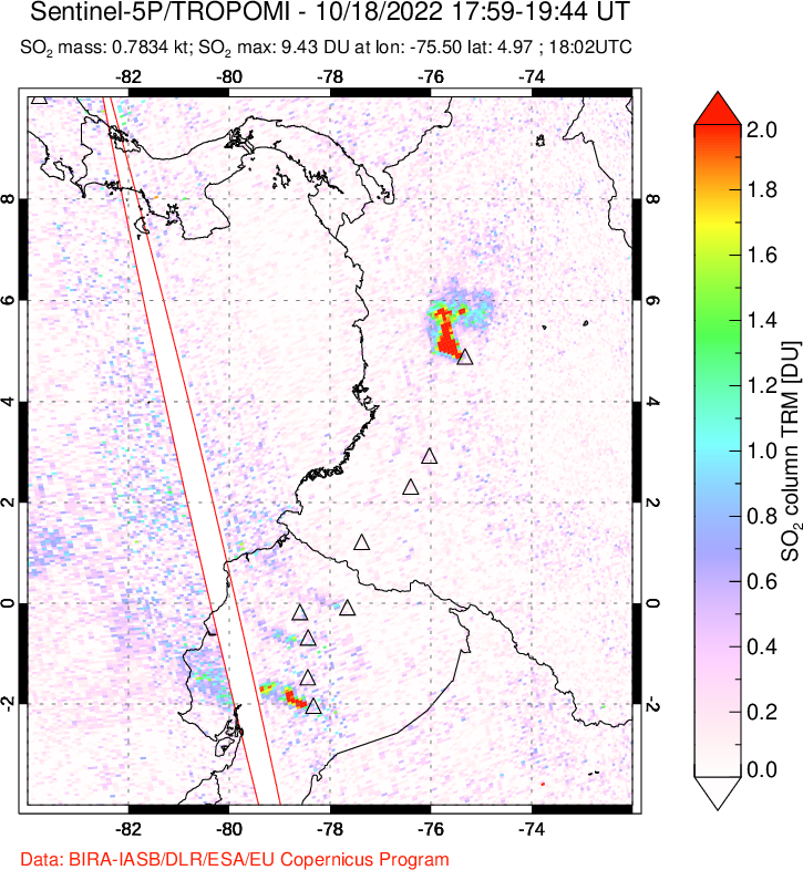 A sulfur dioxide image over Ecuador on Oct 18, 2022.