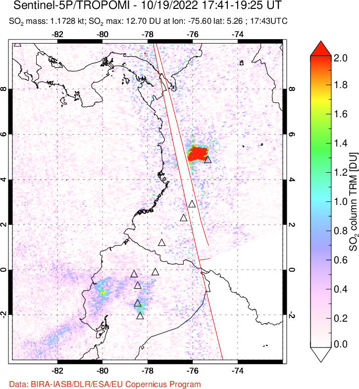 A sulfur dioxide image over Ecuador on Oct 19, 2022.