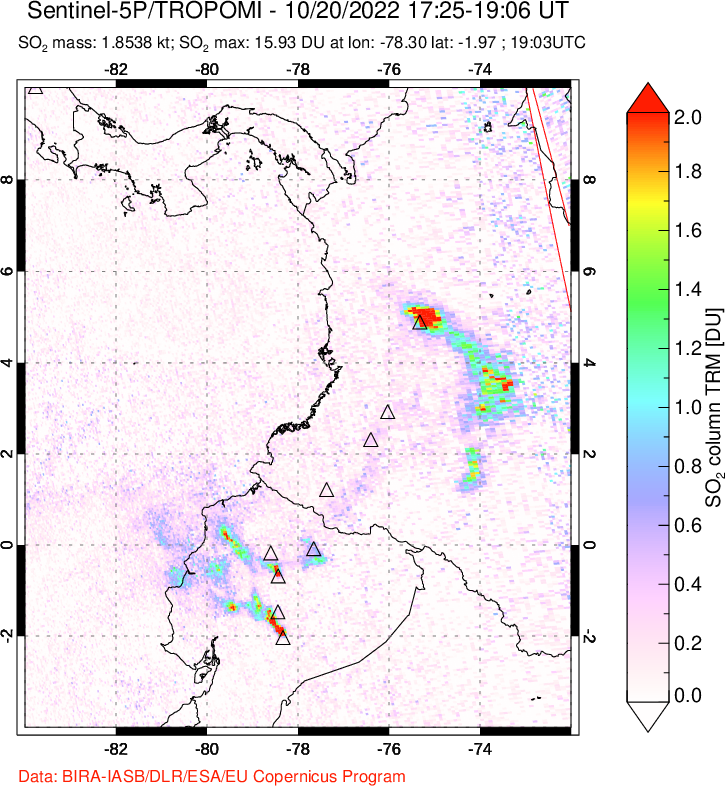 A sulfur dioxide image over Ecuador on Oct 20, 2022.