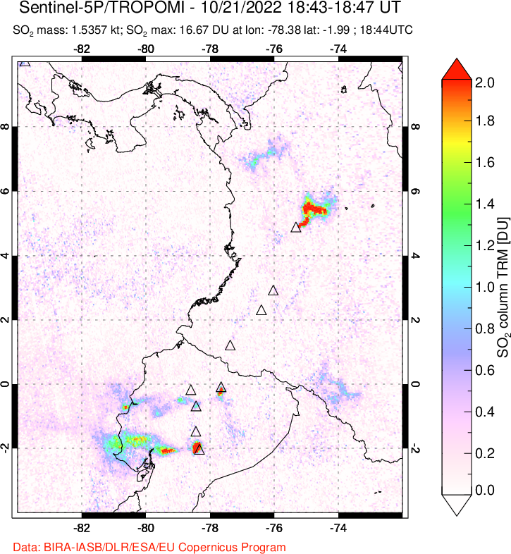 A sulfur dioxide image over Ecuador on Oct 21, 2022.