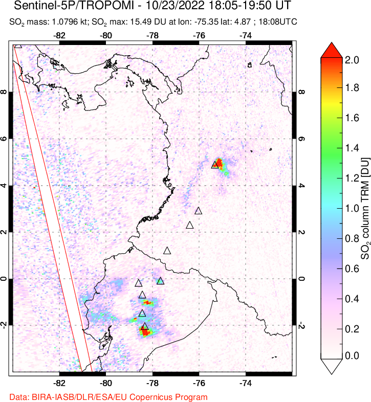 A sulfur dioxide image over Ecuador on Oct 23, 2022.