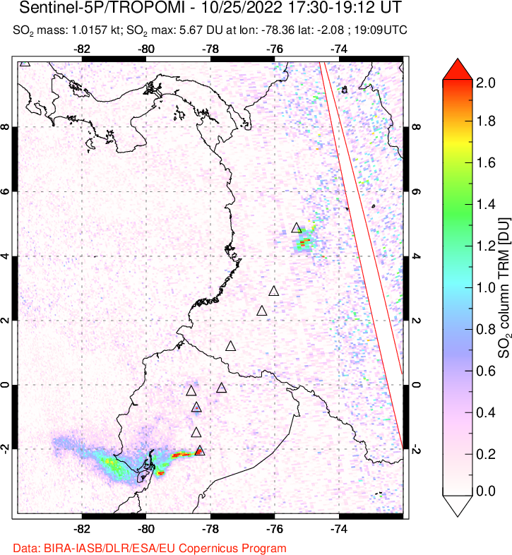 A sulfur dioxide image over Ecuador on Oct 25, 2022.