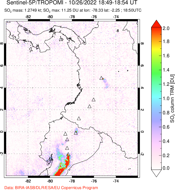 A sulfur dioxide image over Ecuador on Oct 26, 2022.