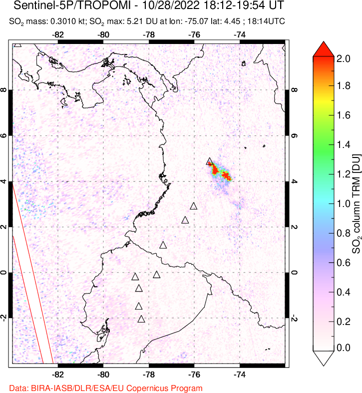 A sulfur dioxide image over Ecuador on Oct 28, 2022.