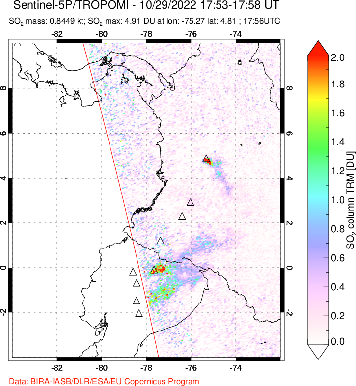 A sulfur dioxide image over Ecuador on Oct 29, 2022.