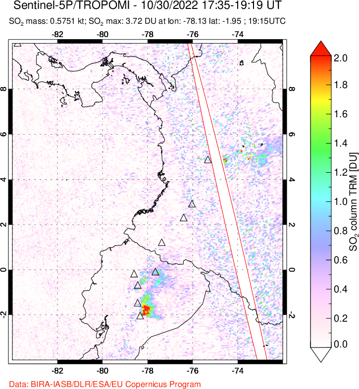 A sulfur dioxide image over Ecuador on Oct 30, 2022.
