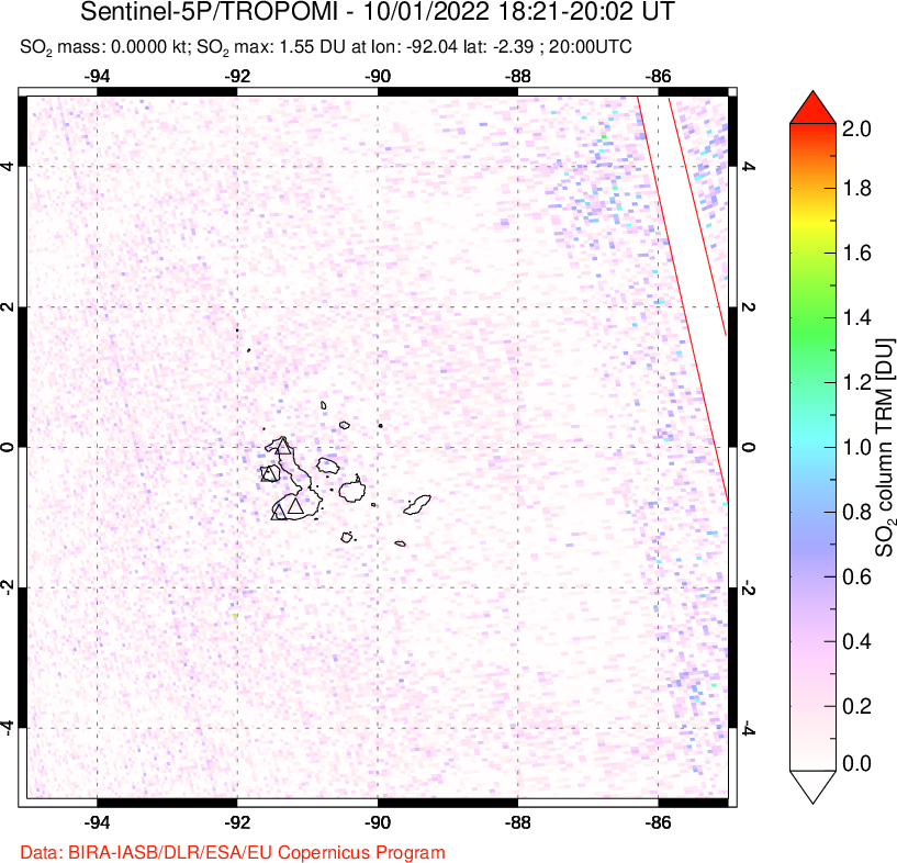 A sulfur dioxide image over Galápagos Islands on Oct 01, 2022.