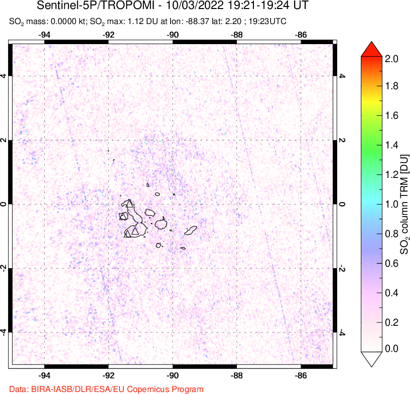 A sulfur dioxide image over Galápagos Islands on Oct 03, 2022.