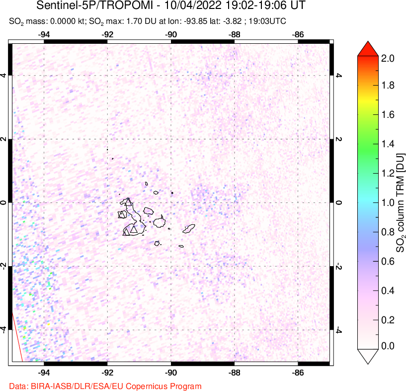 A sulfur dioxide image over Galápagos Islands on Oct 04, 2022.