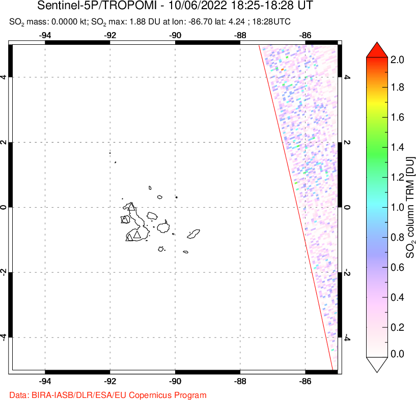 A sulfur dioxide image over Galápagos Islands on Oct 06, 2022.