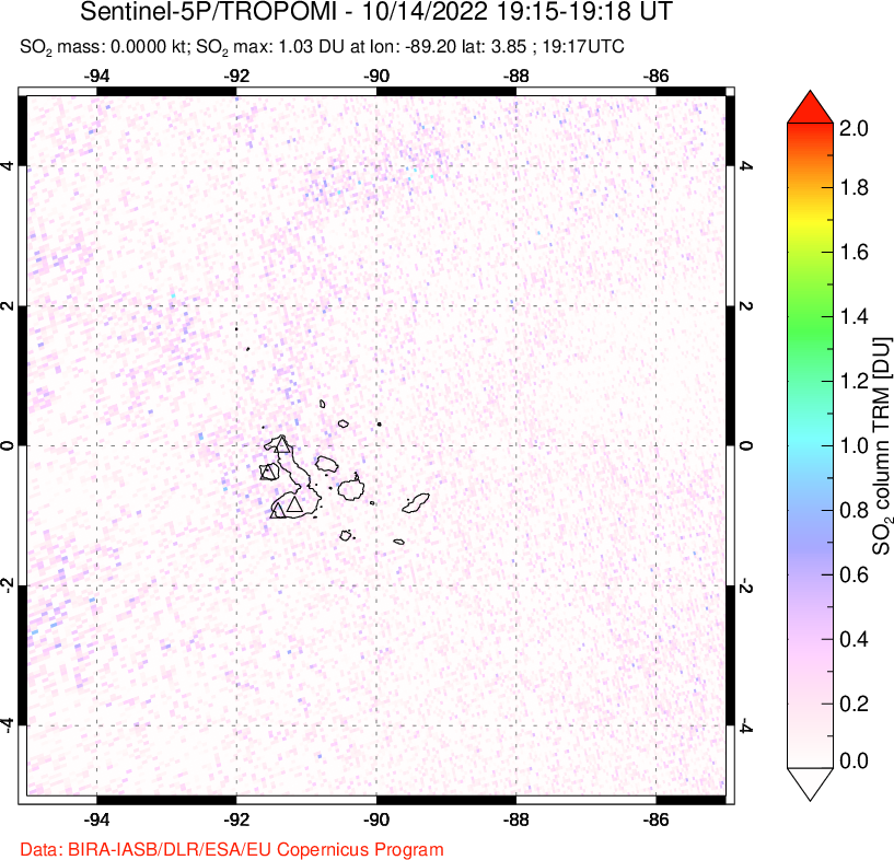 A sulfur dioxide image over Galápagos Islands on Oct 14, 2022.