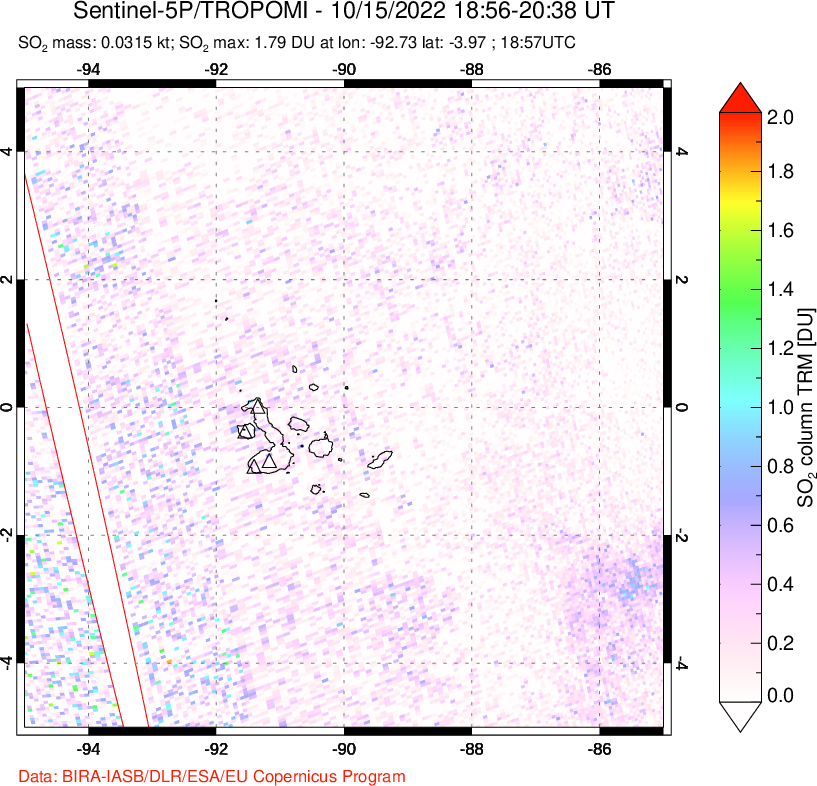 A sulfur dioxide image over Galápagos Islands on Oct 15, 2022.