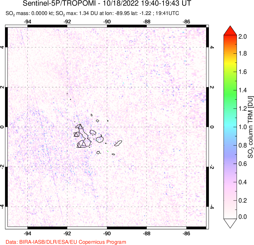 A sulfur dioxide image over Galápagos Islands on Oct 18, 2022.