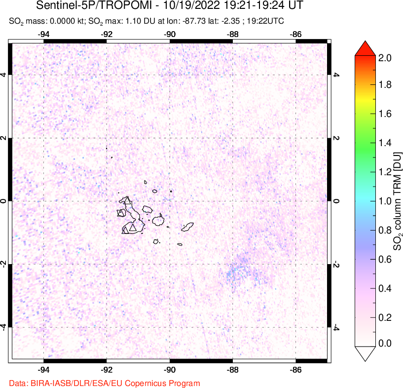 A sulfur dioxide image over Galápagos Islands on Oct 19, 2022.